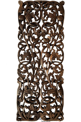 Floral Tropical Carved Wood Wall Art Panel. Rustic Home Decor. Teak Wood Headboard. 35.5"x13.5 Extra Thick Dark Brown