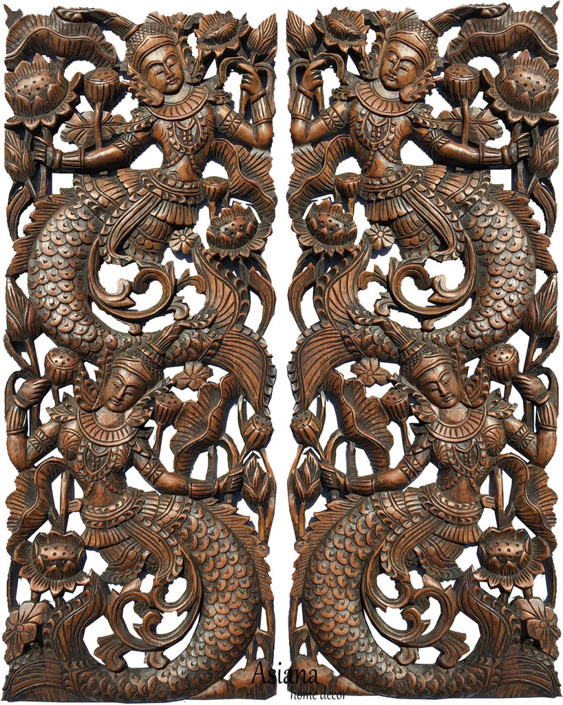 Thai Figure Mermaid Asian Home Decor Carved wood wall art panels. Wall Art. Brown Finish 35.5”x13.5”x1" Each, Set of 2 pcs