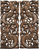 Thai Figure Mermaid Asian Home Decor Carved wood wall art panels. Wall Art. Brown Finish 35.5”x13.5”x1" Each, Set of 2 pcs