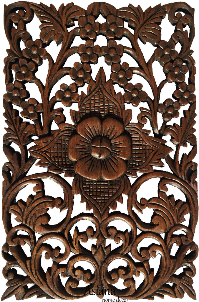Wood Wall Decor Tropical Floral Wall Art. Oriental Home Decor. Decorative Wall Panel Sculpture. Teak Wood Wall Hanging. Hand Carved Wall Art Decor Panel. Brown Finish 12"x17.5"x0.5"