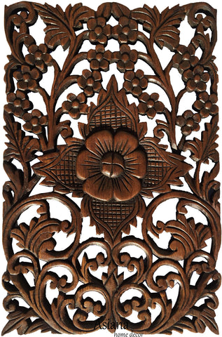 Wood Wall Decor Tropical Floral Wall Art. Oriental Home Decor. Decorative Wall Panel Sculpture. Teak Wood Wall Hanging. Hand Carved Wall Art Decor Panel. Brown Finish 12"x17.5"x0.5"