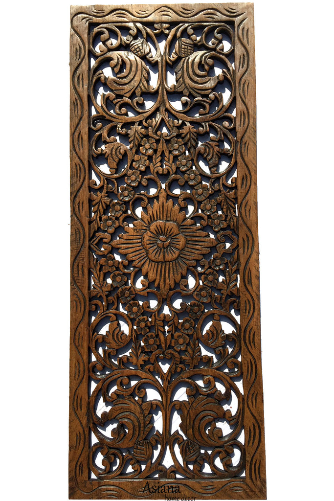 Floral Wood Carved Wall Panel Decoration. Asian Home Decor Wall Hanging. Large Wood Wall Plaque 35.5"x13.5"x0.5" Color Options Available