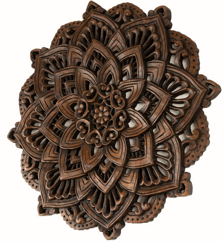 Oriental Carved Lotus Round Wood Plaque. Decorative Bali Wall Relief Panel Sculpture. Rustic Wall Decor. Dark Brown Finish Size 24" Extra Thick