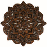 Oriental Carved Lotus Round Wood Plaque. Decorative Bali Wall Relief Panel Sculpture. Rustic Wall Decor. Dark Brown Finish Size 24" Extra Thick