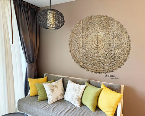 Elegant Medallion Wood Carved Wall Plaque. Round Wood Carved Floral Rustic Home Decor Wall Art. Size 36" and 48" Color Options Available