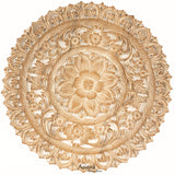 Oriental Tropical Flower Round Carved Wood Wall Decor. Rustic Home Decor. 24" Dark Brown