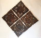 Wood Plaque Oriental Carved Lotus. Rustic Wall Decor. Hand Carved Wall Art Decor Panel. Floral Square Wood Panel. Size 9.5"