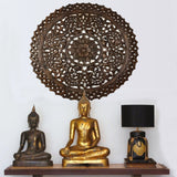 Elegant Medallion Wood Carved Wall Plaque. Large Round Wood Carving Panel. Asian Carving Lotus Flower Wall Decor 36" Dark Brown