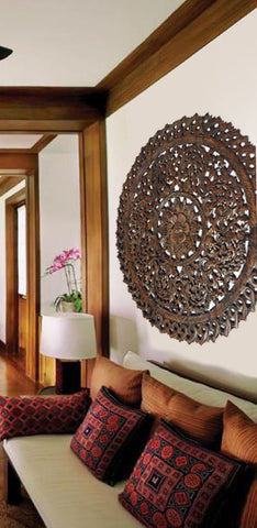 Elegant Medallion Wood Carved Wall Plaque. Large Round Wood Carving Panel. Asian Carving Lotus Flower Wall Decor 36" Dark Brown