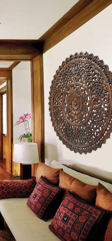 Elegant Medallion Wood Carved Wall Plaque. Round Wood Carved Floral Rustic Home Decor Wall Art. Asian Home Decor Wall Panels Size 36" Color Options Available