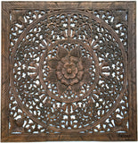 Elegant Wood Carved Wall Plaque. Wood Carved Floral Wall Art. Bali Home Decor. Asian Wood Carving Wall Art. Decorative Thai Wall Relief Panel Sculpture. 36"x36"x0.5" Available in Black Wash,Dark Brown and White