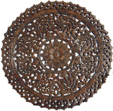 Elegant Medallion Wood Carved Wall Plaque. Large Round Wood Carving Panel. Asian Carving Lotus Flower Wall Decor 36" Dark Brown