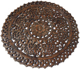 Elegant Medallion Wood Carved Wall Plaque. Large Round Wood Carving Panel. Asian Carving Lotus Flower Wall Decor 36" Dark Brown