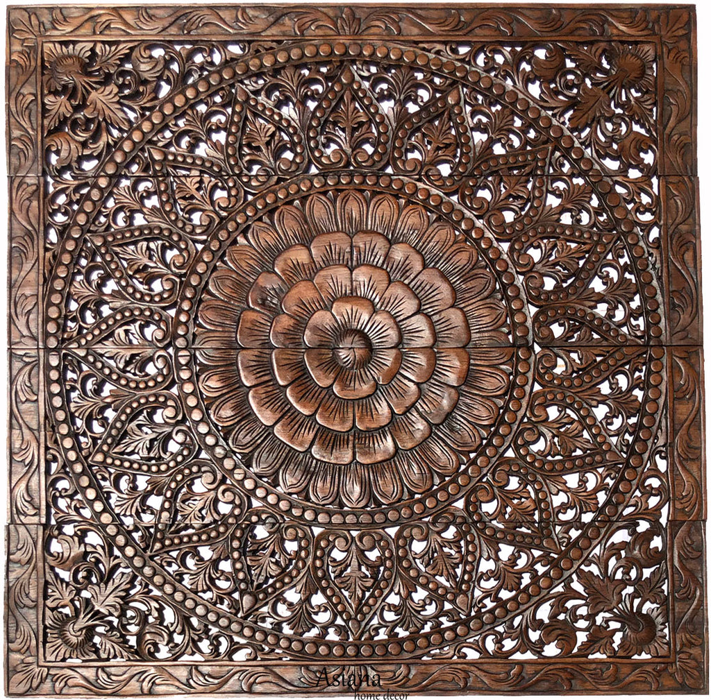 Elegant Wood Carved Wall Plaque. Tropical Asian Home Decor. 48" Square Color Options