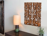 Thai Figure with Singha Lion Carved Wood Wall Art Panels. Asian Home Decor Wall Art. Brown Finish 35.5”x13.5”x1" Each, Set of 2 pcs