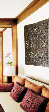 Elegant Wood Carved Wall Plaque. Set of 3 Wood Carved Lotus Wall Panels. Asian Home Decor. 36" Dark Brown Finish