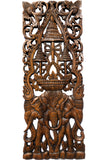 Elephants with Three-Tiered Umbrella Carved Wood Wall Art Decor. Brown Finish 35.5"x13.5" Extra Thick