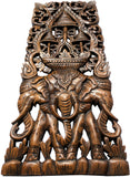 Elephants with Three-Tiered Umbrella Carved Wood Wall Art Decor. Brown Finish 35.5"x13.5" Extra Thick