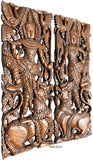 Thai Figure with Singha Lion Carved Wood Wall Art Panels. Asian Home Decor Wall Art. Brown Finish 35.5”x13.5”x1" Each, Set of 2 pcs