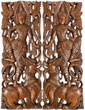 Thai Figure with Singha Lion Carved Wood Wall Art Panels. Asian Home Decor Wall Art. Brown Finish 35.5”x13.5”x1" Each, Set of 2 pcs