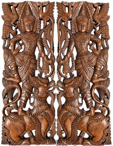 Thai Figure with Singha Lion Carved Wood Wall Art Panels. Asian Home Decor Wall Art. Brown Finish 35.5”x13.5”x1" Each, Set of 2 pcs