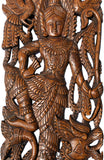 Thai Figure with Singha Lion Carved Wood Wall Art Panels. Asian Home Decor Wall Art. Brown Finish 35.5”x13.5”x1" Each, Set of 2 pcs