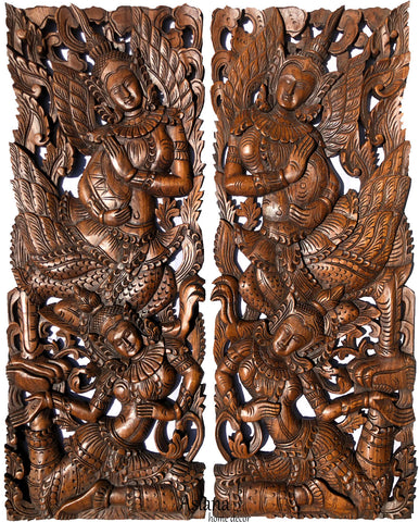 Thai Figure Carved Wood Wall Panels. Asian Home Decor. 35.5”x13.5”x1". Set of 2 pcs Color Options Available
