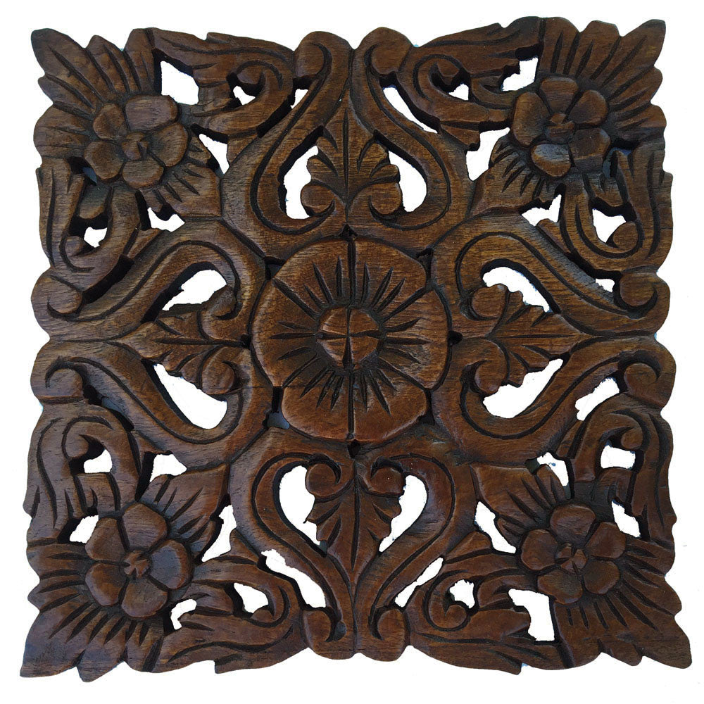 Wood Plaque Oriental Carved Lotus. Square Rustic Wall Decor. Hand Carved Wall Art Decor Panel. Thai Decorative Wood Panels. Dark Brown Finish Size 12"x12"x0.5"