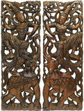 Traditional Thai Dance Figure and Elephant Large Carved Wood Panels. Dark Brown Finish 35.5”x13.5” Each, Set of 2 pcs