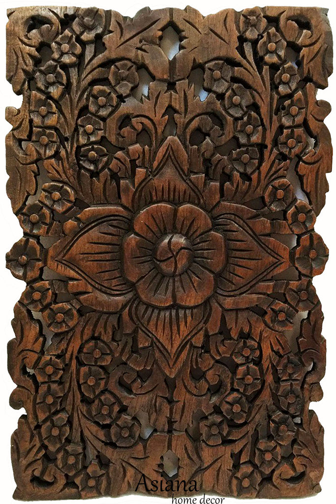 Wood Wall Decor Lotus flower. Oriental Teak Wood Wall Hanging. Hand Carved Wall Art Decor Panel. Rustic Wall Decor. Color Options Available. 12"x17.5"x0.5"