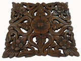Wood Plaque Oriental Carved Lotus. Square Rustic Wall Decor. Hand Carved Wall Art Decor Panel. Thai Decorative Wood Panels. Dark Brown Finish Size 12"x12"x0.5"