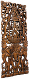 Elephants with Three-Tiered Umbrella Carved Wood Wall Art Decor. Brown Finish 35.5"x13.5" Extra Thick