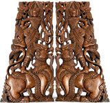 Thai Figure with Singha Lion Carved Wood Wall Art Panels. Asian Home Decor Wall Art. Brown Finish 35.5”x13.5”x1" Each, Set of 2 pcs