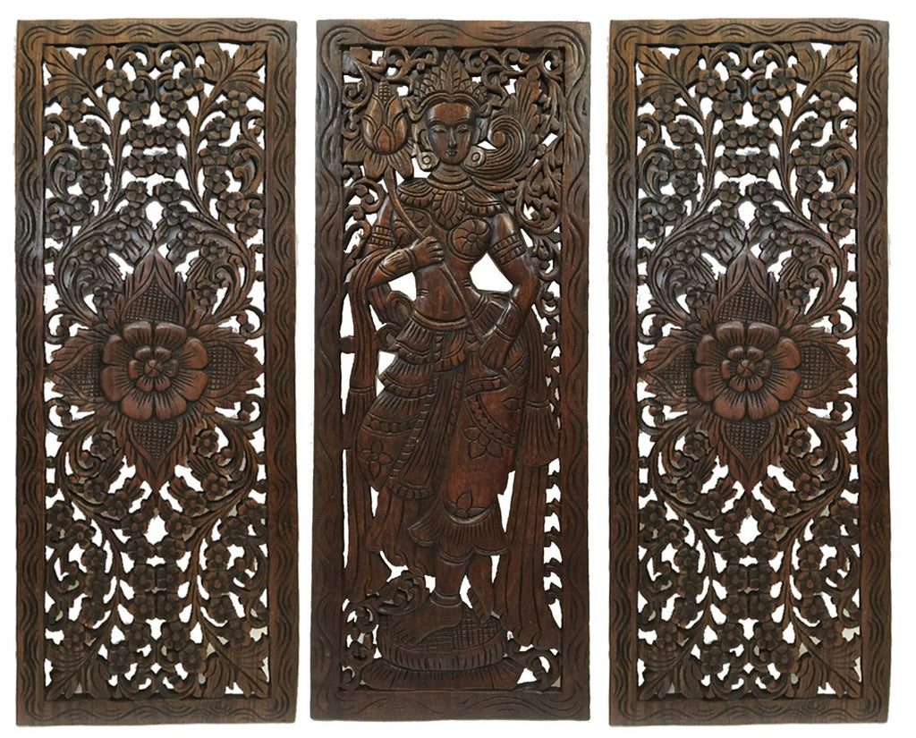 Multi Panels Oriental Bali Home Decor. Wood Carved Floral Wall Art.  35.5x13.5 Set of 3 Optional Designs