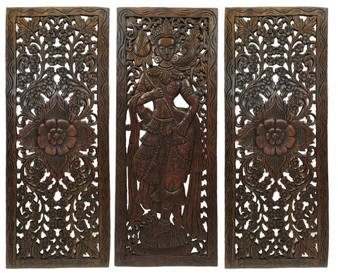 Multi Panels Oriental Bali Home Decor. Wood Carved Floral Wall Art. 35.5"x13.5" Set of 3 Optional Designs