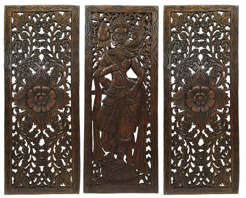 Elegant Wood Carved Wall Plaque.Floral Wood Wall Panels – Asiana