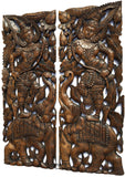 Thai Figure and Elephant Carved Wood Panels. Large Carved Wood Panels. Asian Home Decor Wall Art. Brown Finish 35.5”x13.5”x1" Each, Set of 2 pcs