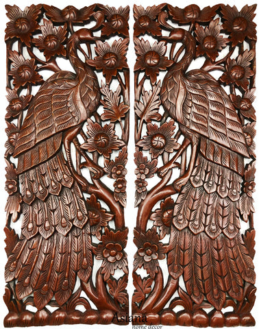 Peacock carved wood wall art panel