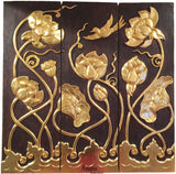 Asian Wood Carved Wall Art Panels. Flying Bird and Lotus flower Relief Wood Carved Wall Hanging. 36" Dark Brown and Gold
