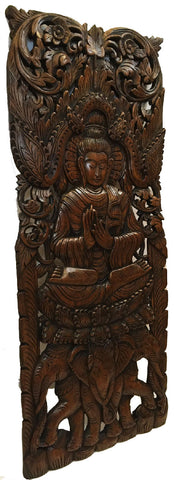 Large Carved Wood Panel. Buddha on Elephants Wood Wall Art Decor. Dark ...