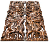 Ganesha Buddha with Elephant Carved Wood Panels. Brown Finish 35.5”x13.5” Each, Set of 2 pcs