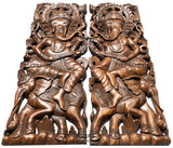 Ganesha Buddha with Elephant Carved Wood Panels. Brown Finish 35.5”x13.5” Each, Set of 2 pcs