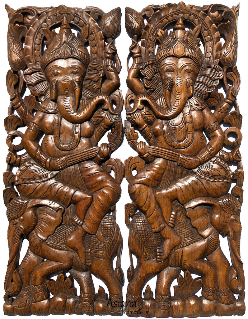 Ganesha Buddha with Elephant Carved Wood Panels. Brown Finish 35.5”x13.5” Each, Set of 2 pcs