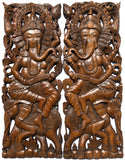 Ganesha Buddha with Elephant Carved Wood Panels. Brown Finish 35.5”x13.5” Each, Set of 2 pcs
