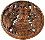 Round Buddha with Dragon Carved Wood Wall Art Decor. Brown Finish 24" Extra Thick