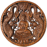 Round Buddha with Dragon Carved Wood Wall Art Decor. Brown Finish 24" Extra Thick