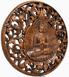Round Buddha with Fig Leaf Carved Wood Wall Art Decor. Brown Finish 24" Extra Thick