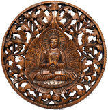 Round Buddha with Fig Leaf Carved Wood Wall Art Decor. Brown Finish 24" Extra Thick
