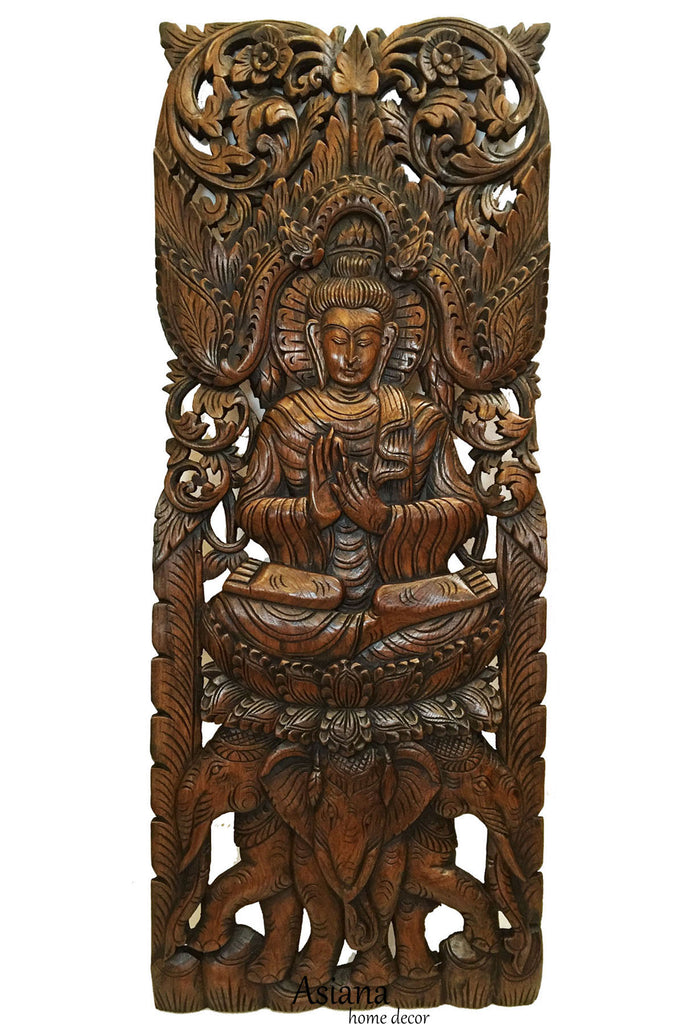 Large Carved Wood Panel. Buddha on Elephants Wood Wall Art Decor. Dark Brown Finish 35.5"x13.5" Extra Thick