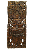 Large Carved Wood Panel. Buddha on Elephants Wood Wall Art Decor. Dark Brown Finish 35.5"x13.5" Extra Thick